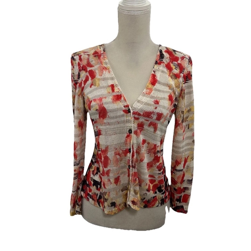 Nic Zoe Linen Blend Cardigan Petite Medium Colorful V Neck Long Sleeve Crochet